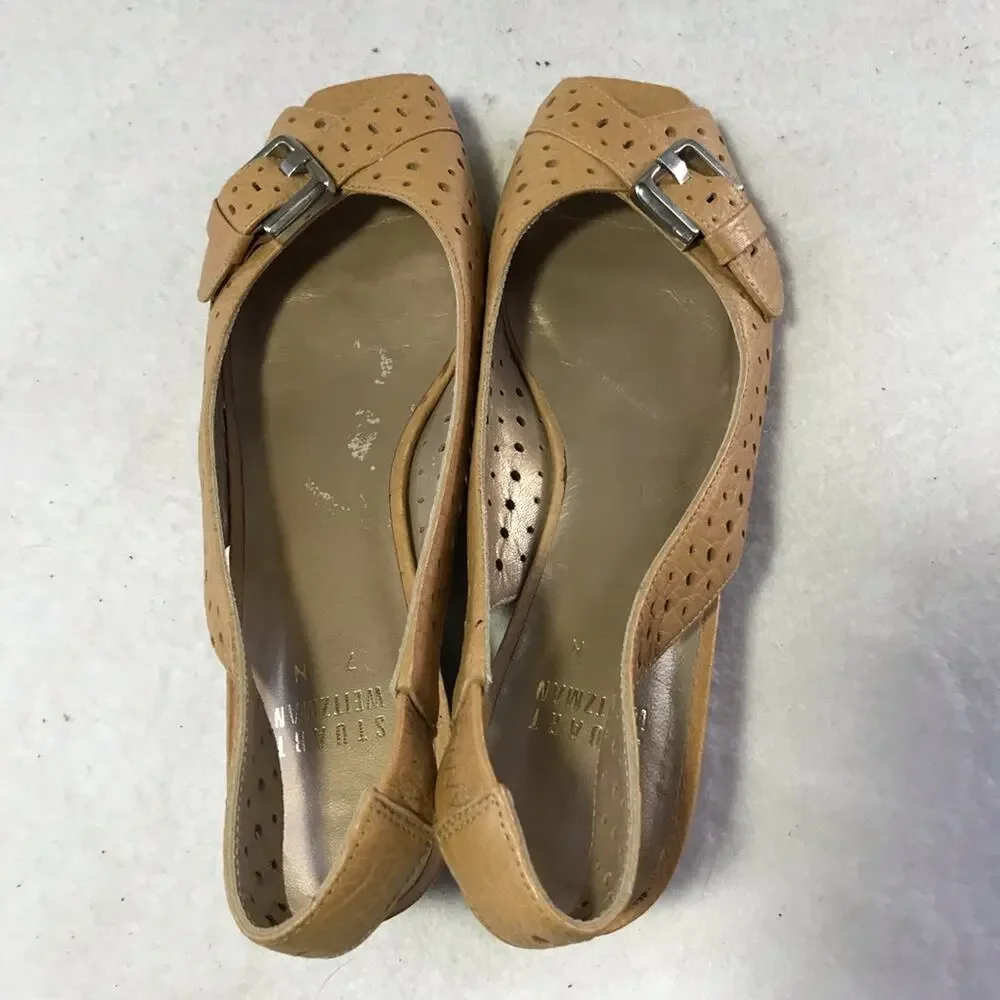 Stuart Weitzman tan leather cutouts peep toe wedges buckle detail 7 Spain - Picture 2 of 11